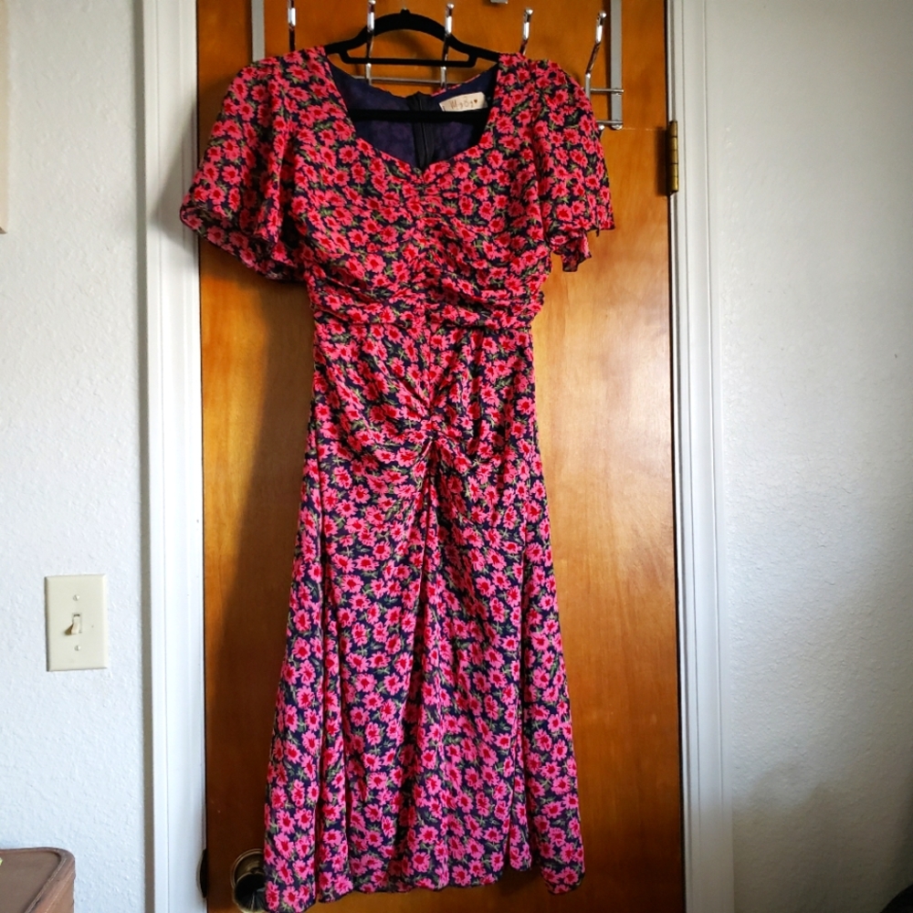 Colorful rose Pink Floral Print midi Bustier dress  M.y.B.g